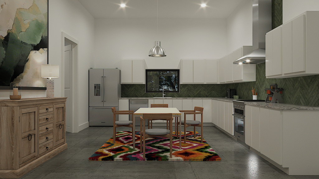 architectural rendering of Living room kitchen of new barndominium kingsland